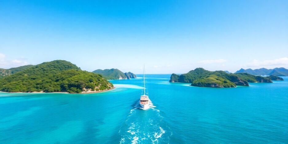 Small ship sailing in clear blue South Pacific waters.