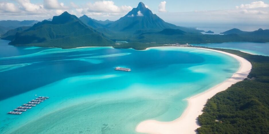 Luftaufnahme der türkisfarbenen Lagune und der Berge von Bora Bora.