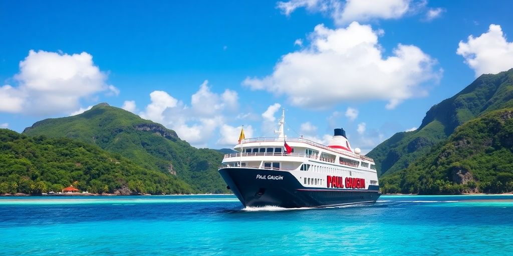 Paul Gauguin cruise ship in tropical waters.