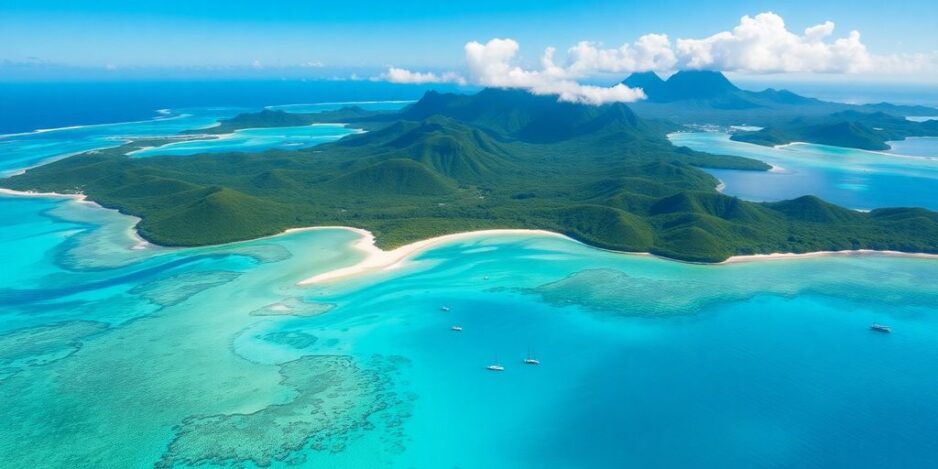 Aerial view of Tahiti and Bora Bora's turquoise waters.