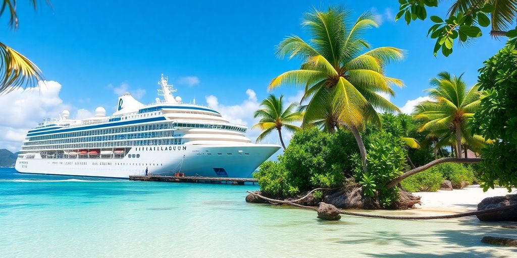 Das Kreuzfahrtschiff Paul Gauguin in der Nähe eines wunderschönen tropischen Strandes.