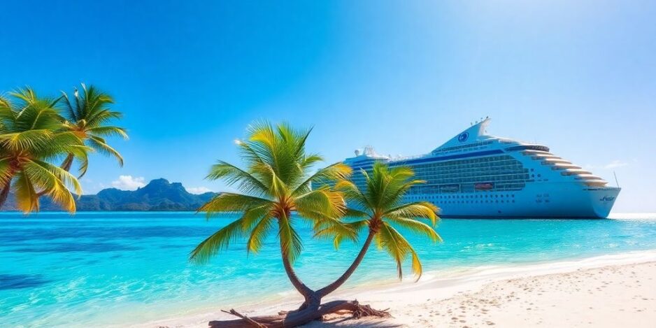 Cruise ship anchored in turquoise waters of Tahiti.