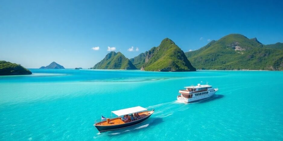 Small ship sailing in the clear South Pacific waters.