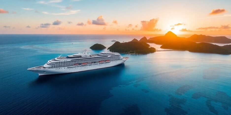 Luxury cruise ship in Bora Bora's turquoise waters.
