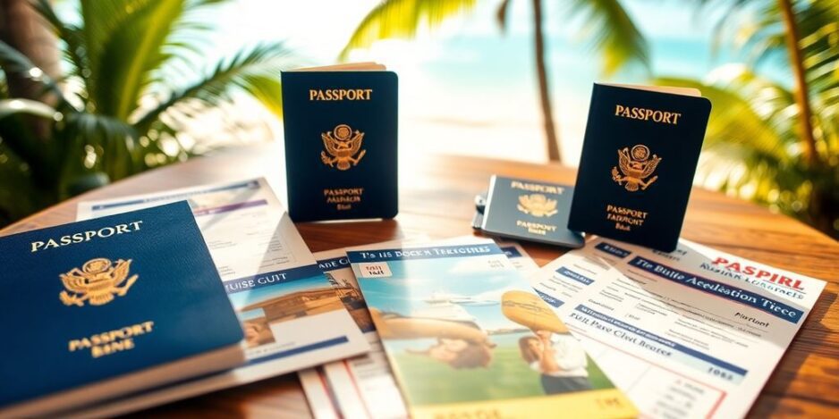 Reisedokumente für Paul Gauguin Cruises auf einem Tisch.