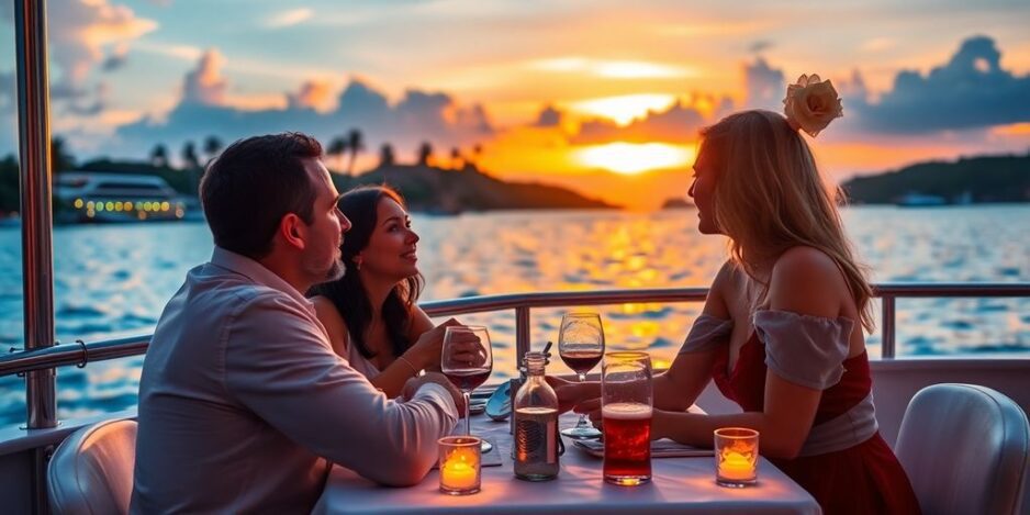 Couple dining at sunset on a romantic cruise.