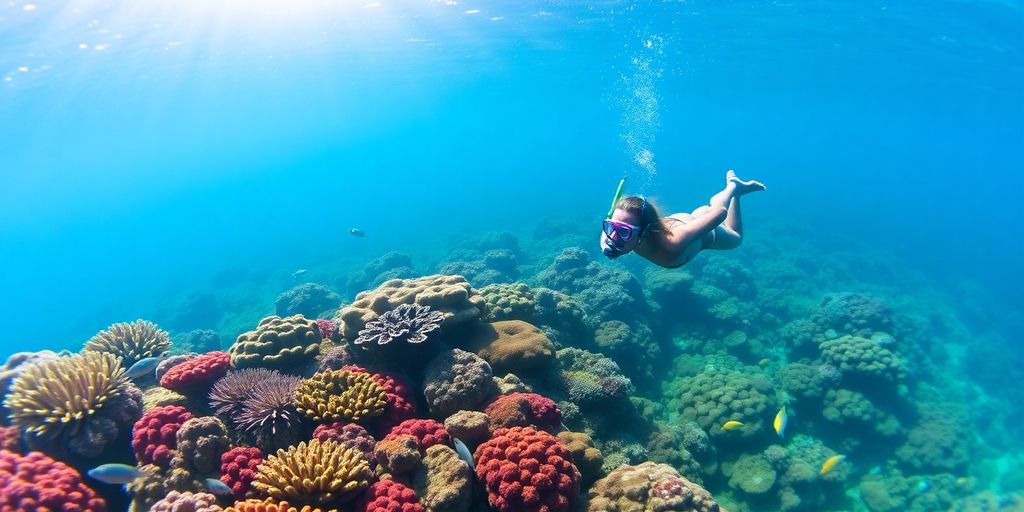 Snorkeler exploring a colorful coral reef underwater.