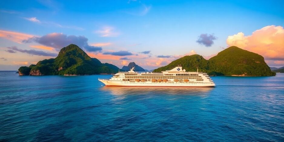 Tropical landscape with Paul Gauguin cruise ship in water.