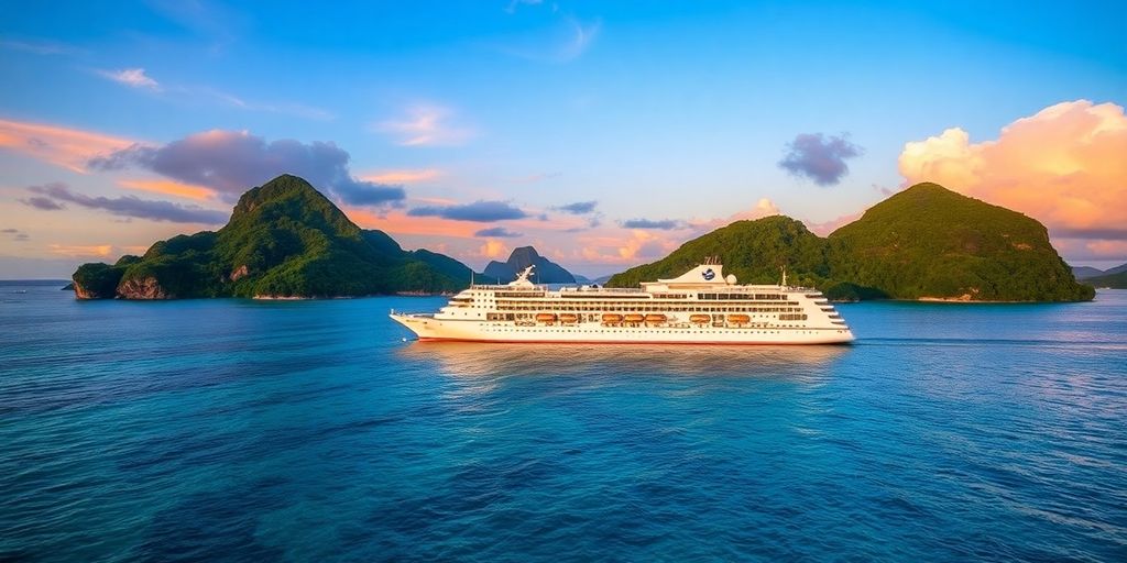 Tropical landscape with Paul Gauguin cruise ship in water.