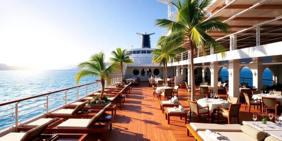 Kreuzfahrtschiffdeck mit Liegestühlen und Meerblick.