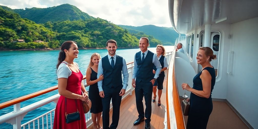 Cruise ship with staff assisting happy guests on deck.