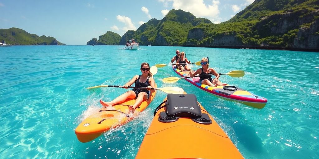 Snorkeling and kayaking in tropical waters on a cruise.