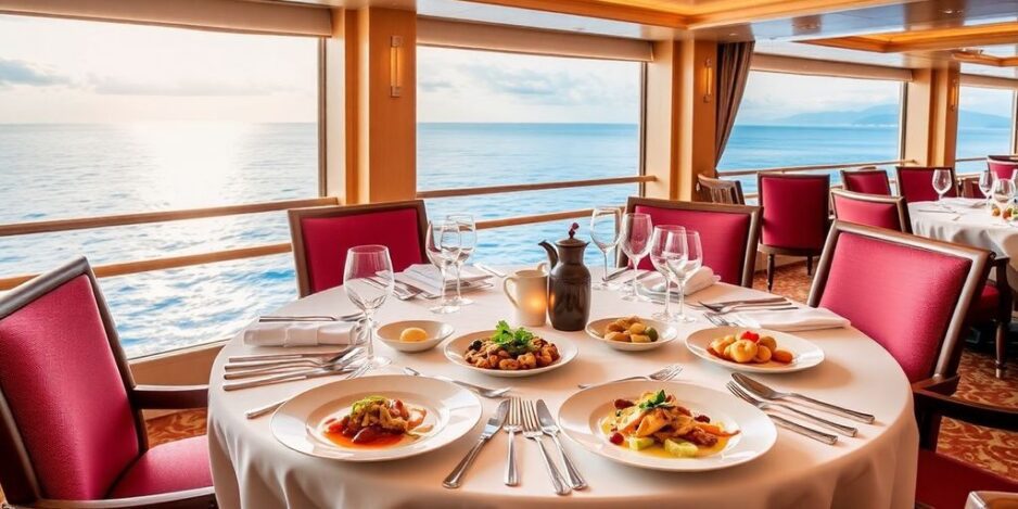 Gourmet dining table on a Paul Gauguin cruise.