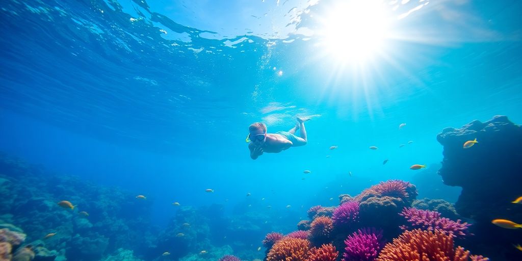 Plongeur explorant des récifs coralliens colorés et des poissons tropicaux.