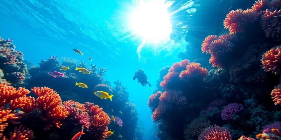 Plongeur explorant des récifs coralliens colorés et des poissons tropicaux.