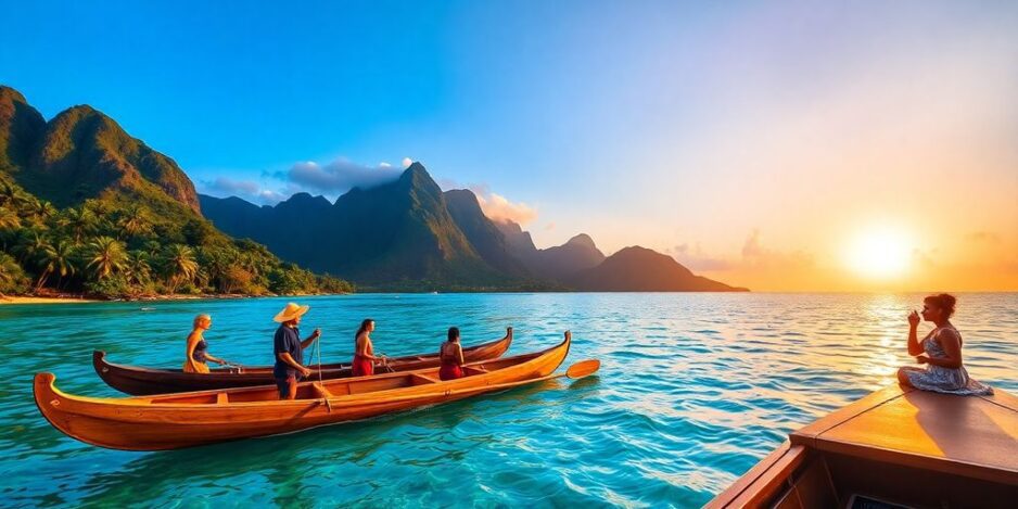 Tropical Polynesian landscape with canoes and locals celebrating.