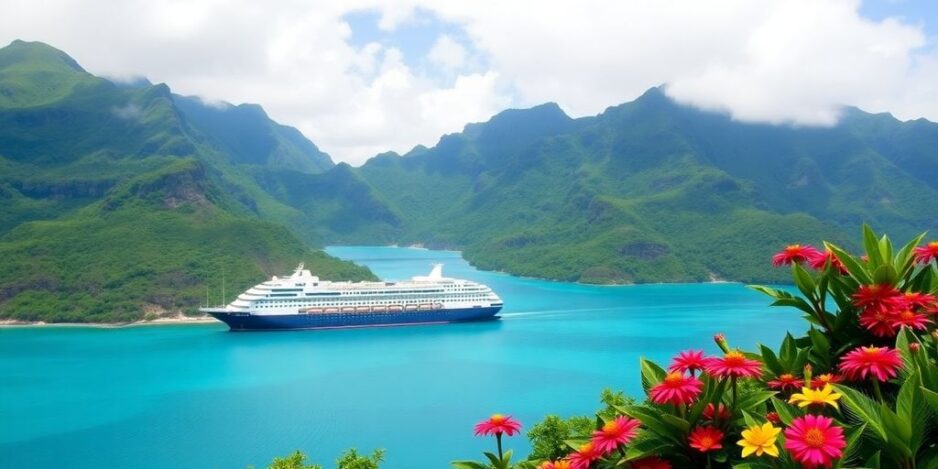 Paysage pittoresque de Tahiti avec un navire de croisière et un paysage tropical vibrant.