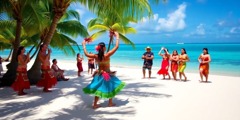Polynesische Tänzer in bunten Kostümen am Strand.