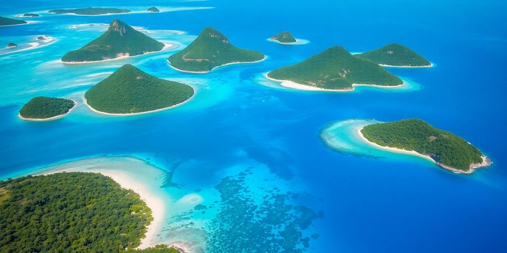 Tropical islands with clear waters and sandy beaches.