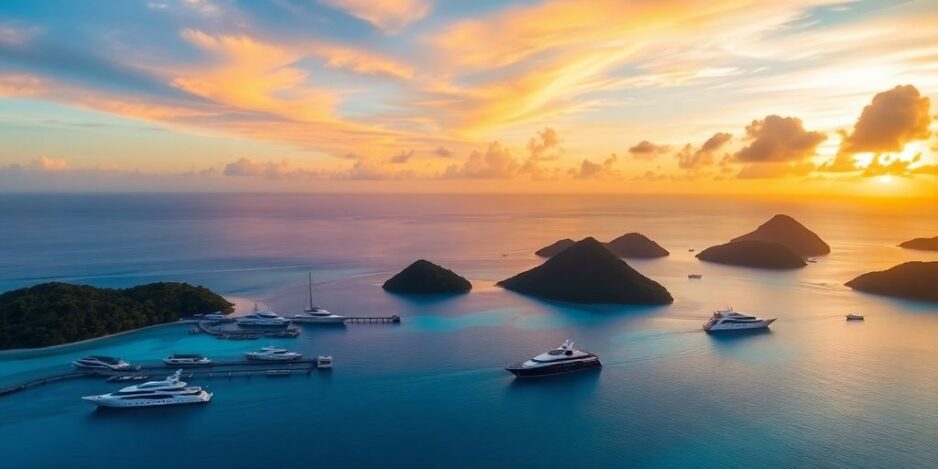 Sonnenuntergang über türkisfarbenen Lagunen in Französisch-Polynesien.