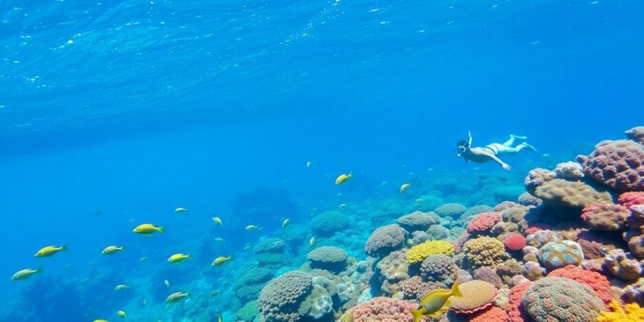 Snorkeler exploring colorful coral reef and tropical fish.