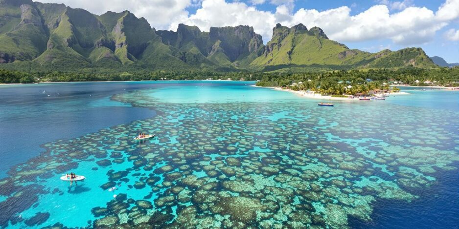 Tourists enjoying shore excursions in beautiful Tahiti.