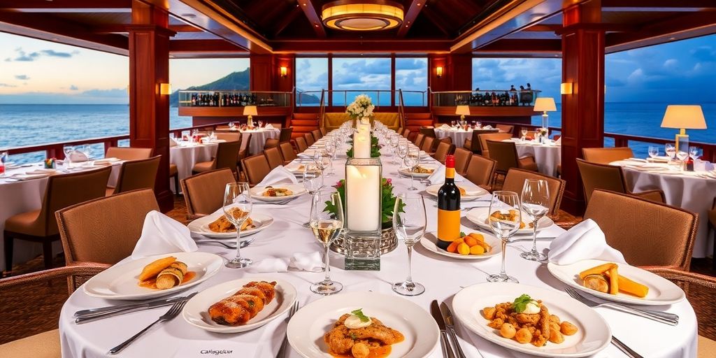 Configuration de salle à manger élégante sur une croisière avec des plats gastronomiques.