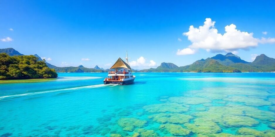 Kleines Schiff kreuzt in den wunderschönen polynesischen Gewässern.