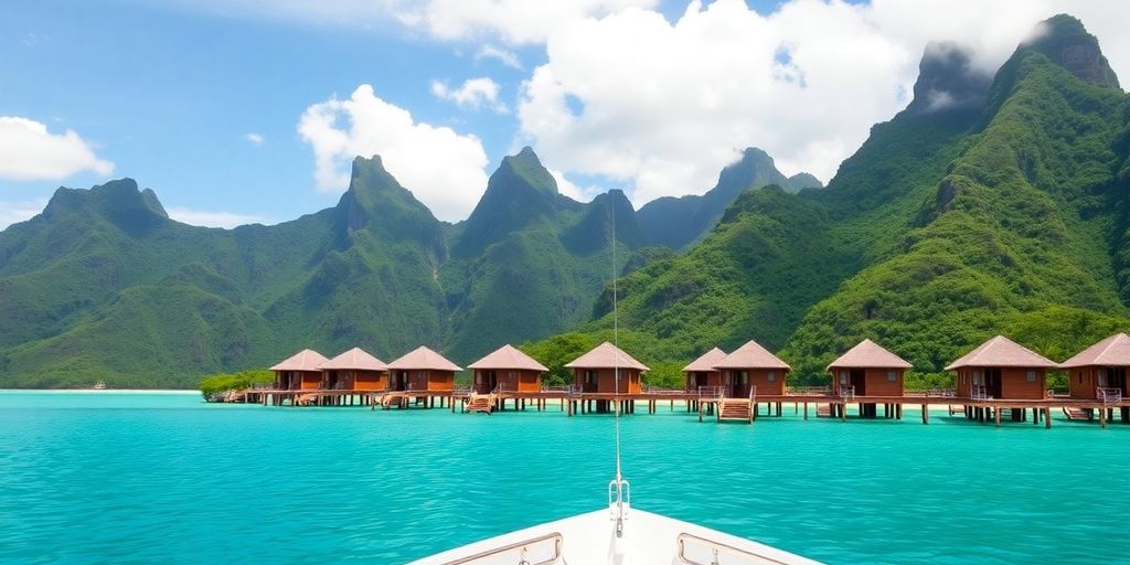 Turquoise lagoon and overwater bungalows in Bora Bora.