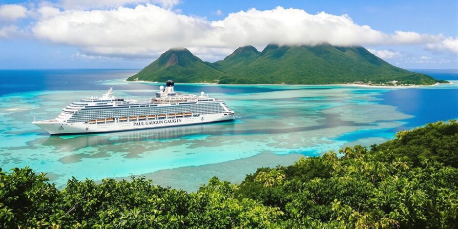 Luxus-Kreuzfahrtschiff in der Nähe einer tropischen Insel in ruhigen Gewässern.