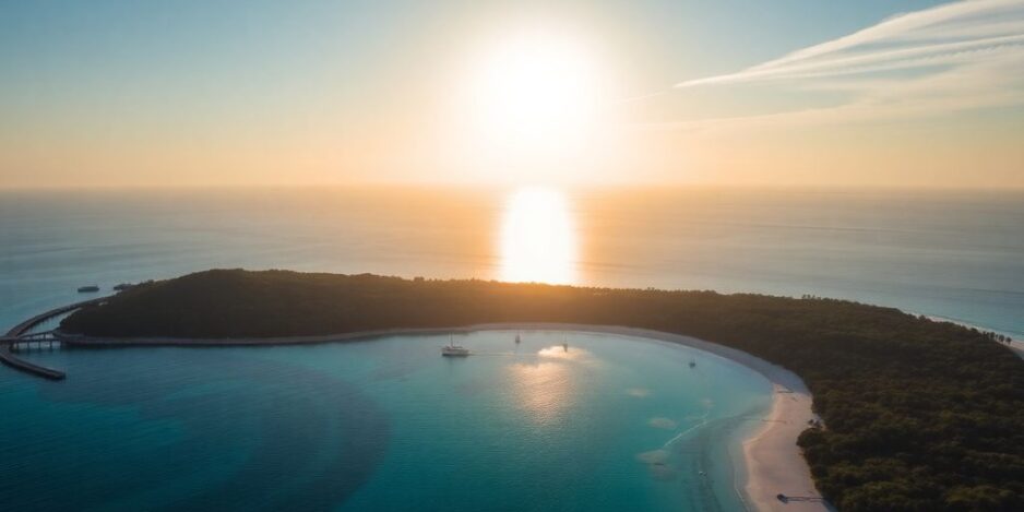 Aerial view of a private tropical island paradise.