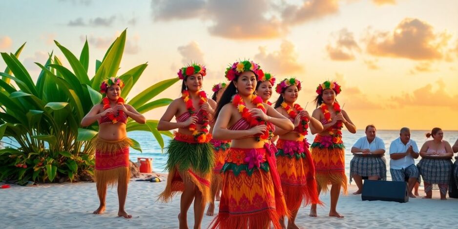Polynesische Tänzer in traditioneller Kleidung am Strand.