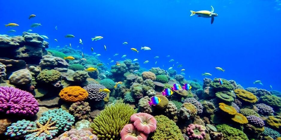Bunte Korallenriffe mit Fischen und Meeresschildkröten unter Wasser.