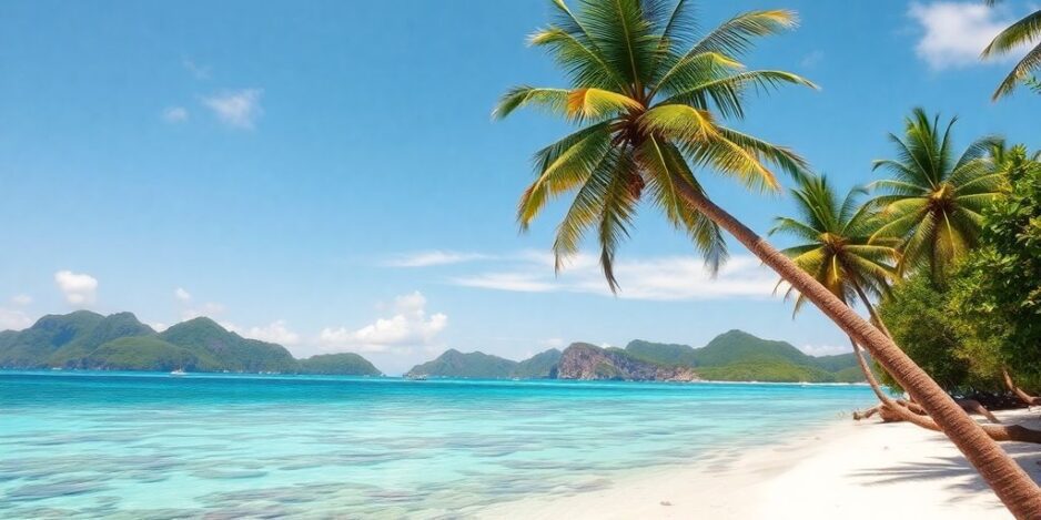 Tropical beach with clear water and palm trees.
