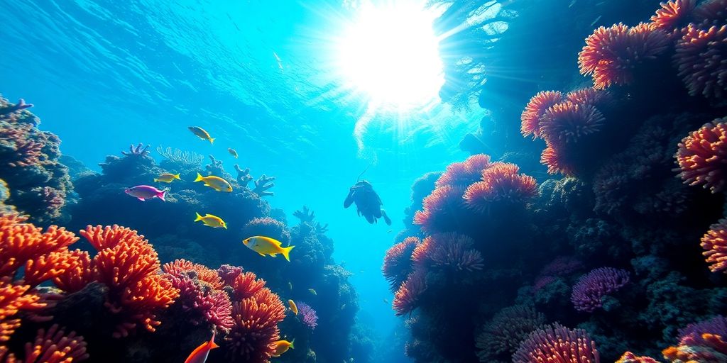 Diver exploring colorful coral reefs and tropical fish.