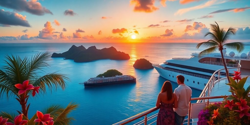 Couple enjoying sunset on a luxury cruise in Polynesia.