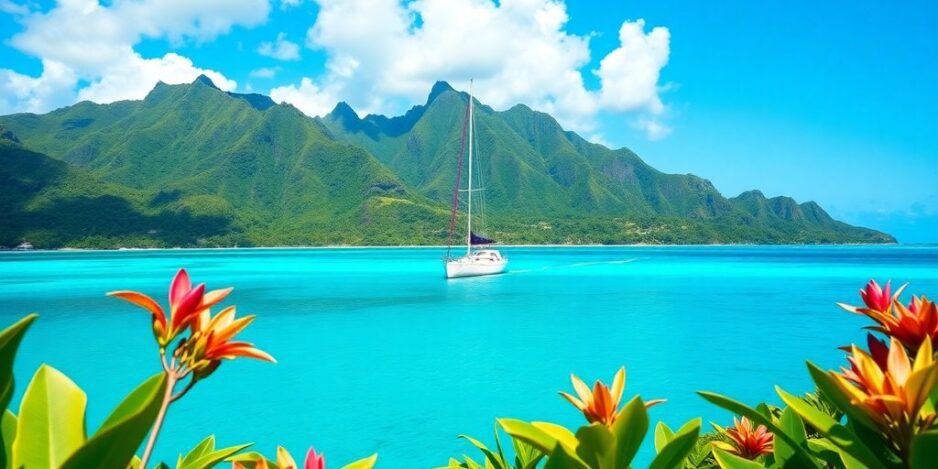 Segelboot auf einer türkisfarbenen Lagune in Tahiti.