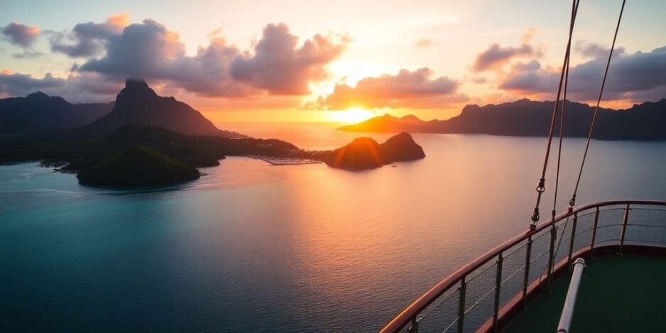 Tahiti-Kreuzfahrt mit türkisfarbenem Wasser und üppigen Inseln.