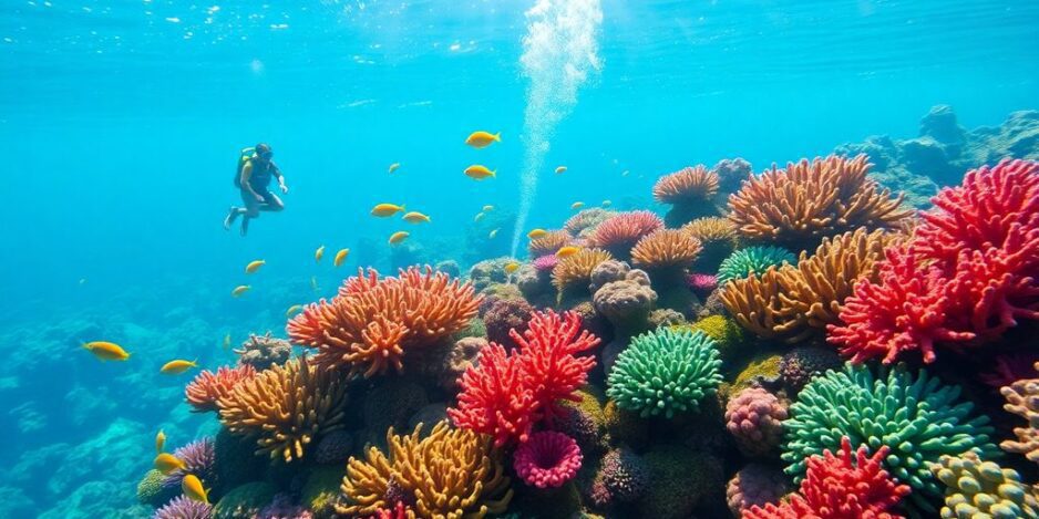 Taucher erkundet bunte Korallenriffe in Tahiti.