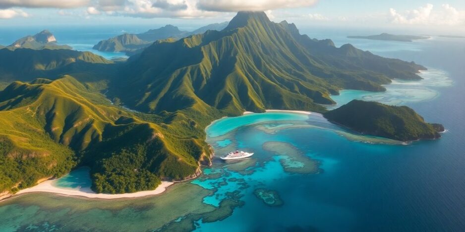 Aerial view of lush islands in French Polynesia.