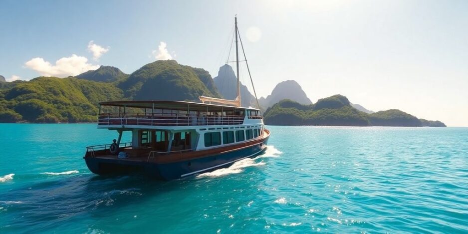 Small ship sailing in the beautiful South Pacific waters.