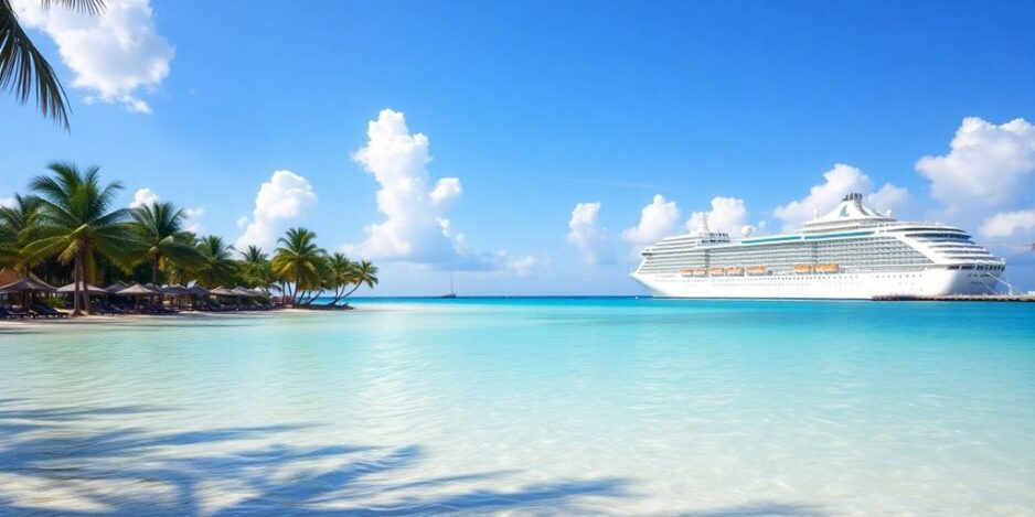 Tropical beach with palm trees and a cruise ship.