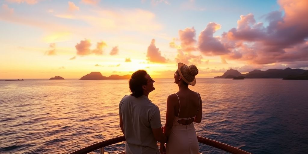 Paar genießt einen Sonnenuntergang auf einer romantischen Kreuzfahrt.