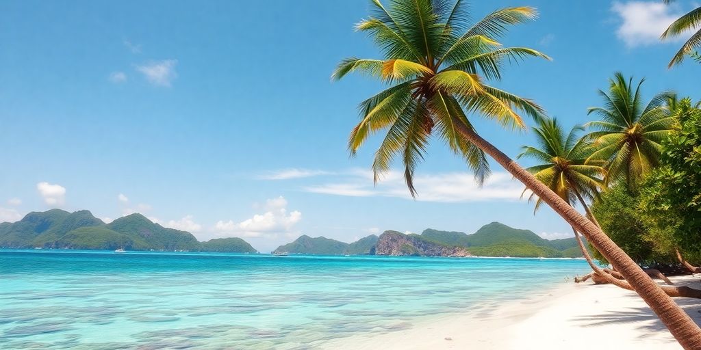 Plage tropicale avec eau claire et palmiers.