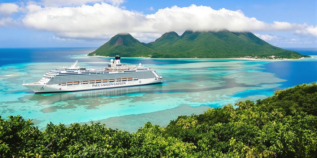 Navire de croisière de luxe près d'une île tropicale dans des eaux sereines.
