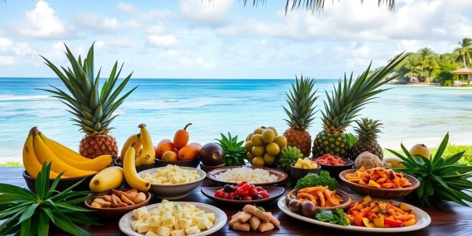 Colorful tropical fruits and local dishes on a table.