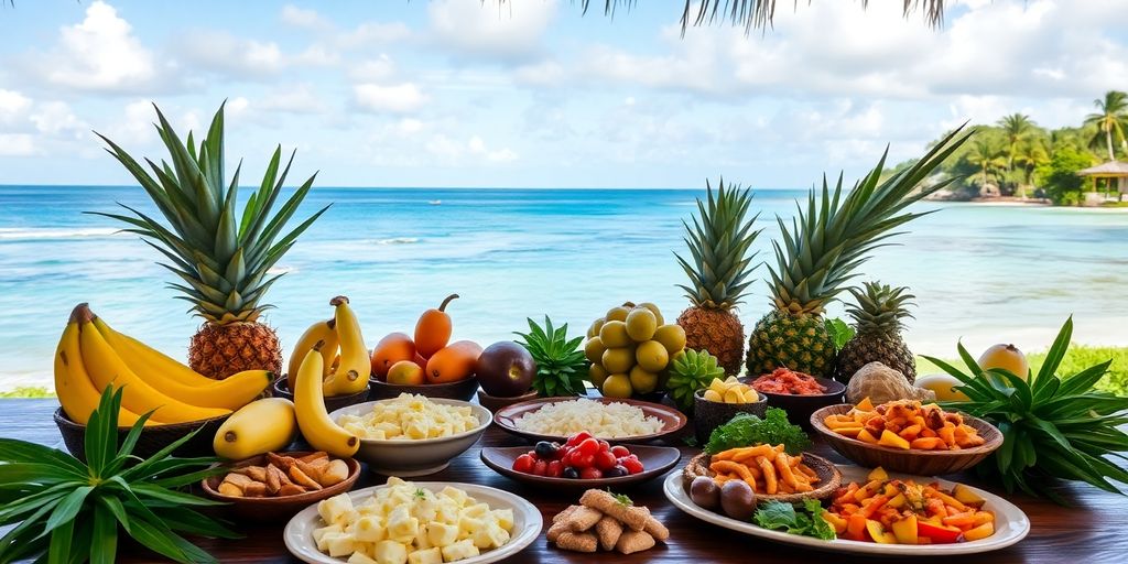 Colorful tropical fruits and local dishes on a table.
