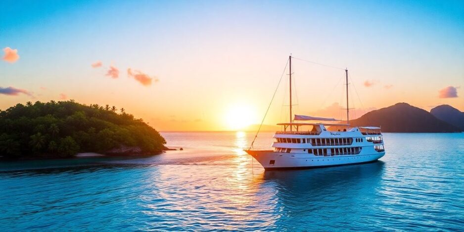 Kleines Schiff in tropischen Gewässern bei Sonnenuntergang.