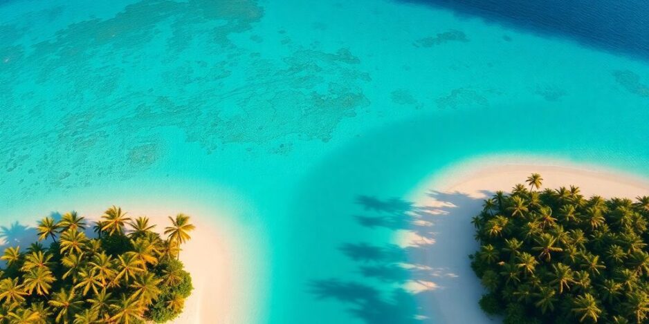Aerial view of a private island in the South Pacific.