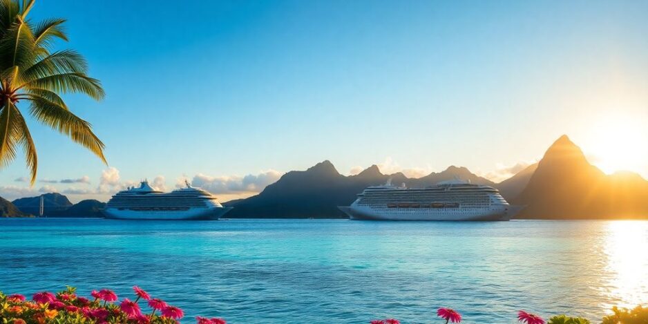 Sonnenuntergang über einem Kreuzfahrtschiff im tropischen Paradies von Tahiti.
